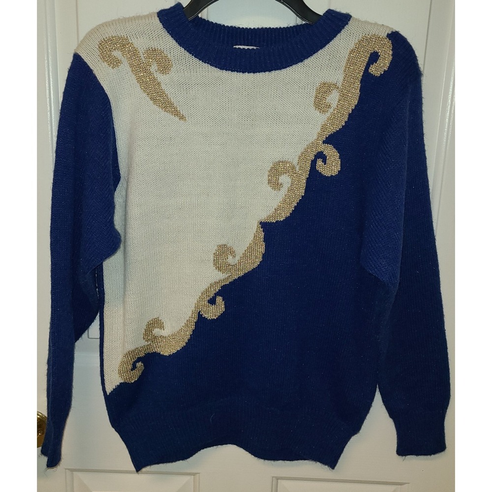 Tanjay Sweater Stranger Things Blue White Vintage Gold Pullover 80s Retro Small
